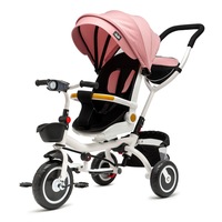 Tricicleta pentru Copii 3 in 1 Juju Bliss Ride, Pozitie de Somn, Reversibila, Far luminos, Muzica, Cos Depozitare, Gentuta, Protectie Raze UV, Cauciucuri Spuma EVA, Greutate Maxima Admisa 25kg, Roz