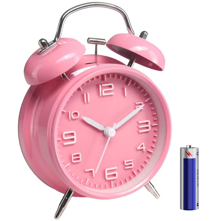 Будилник с нощна светлина Axroad Mall, Класически дизайн с двойна камбана, Безшумен, 3D стереоскопичен циферблат, За възрастни, Тийнейджъри, Деца и пенсионери, Метал/стъкло/ABS, 16,5×10,5×5,5 см, Розов