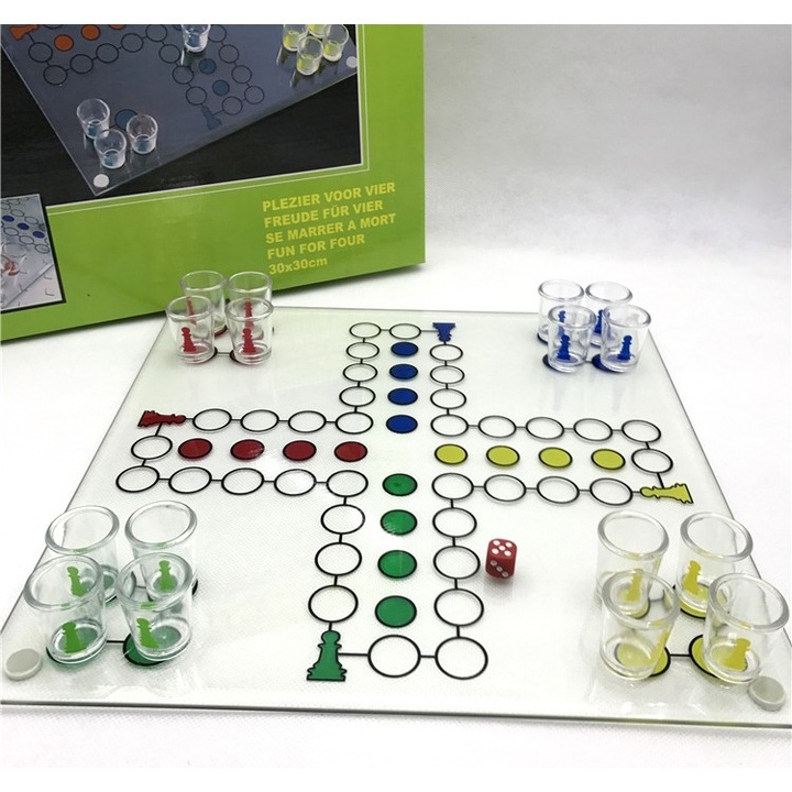 Joc de societate, Nu Te Supara Frate, cu pahare de shot din sticla, multicolor, 30x30cm