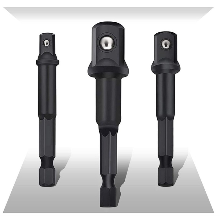 Set de 3 adaptoare de priza de grad de impact, adaptoare de priza Yakumuz de 1/4, 3/8 si 1/2 inch, otel crom vanadiu, cutie de transport convenabila - ideal pentru masina de gaurit cu impact si sofer (negru fosfatat de suprafata)
