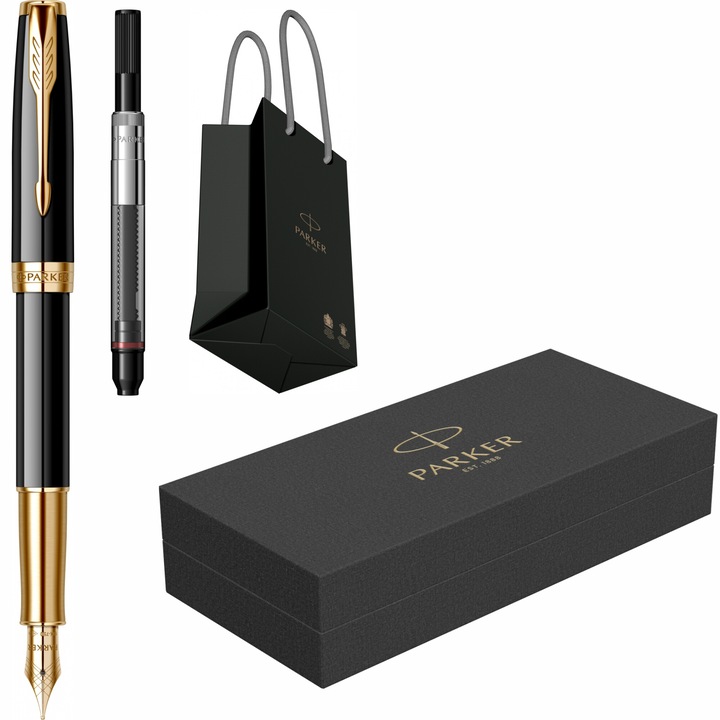 Set Parker Stilou Stilou Sonnet Royal Black GT cu gravura laser inclusa cu penita din aur de 18k, convertor DeLuxe montat si punga Parker