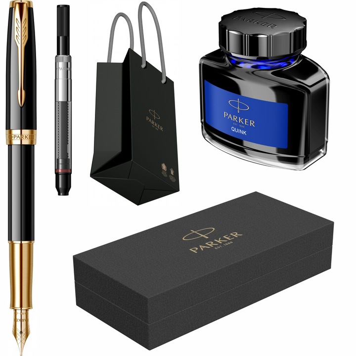 Set Parker Stilou Sonnet Royal Black GT cu gravura laser inclusa, cu penita din aur de 18k, convertor DeLuxe montat, calimara cerneala si punga