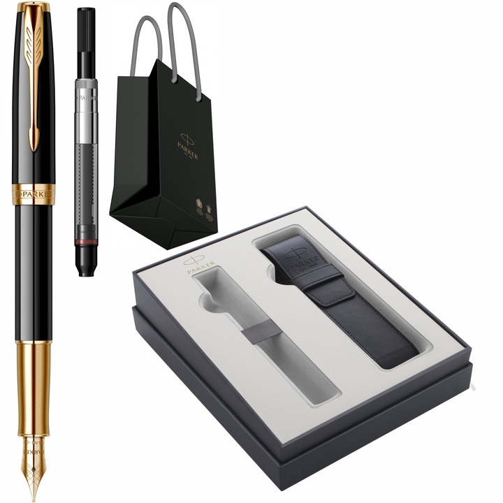 Set Parker Stilou Sonnet Royal Black GT cu gravura laser inclusa, cu penita din aur de 18k si convertor DeLuxe montat in Cutie cu Etui Focus Collection si punga Parker