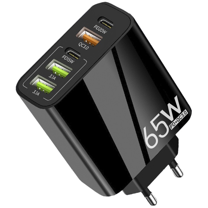 Incarcator retea, 5 porturi, incarcare rapida 65W, universal, negru