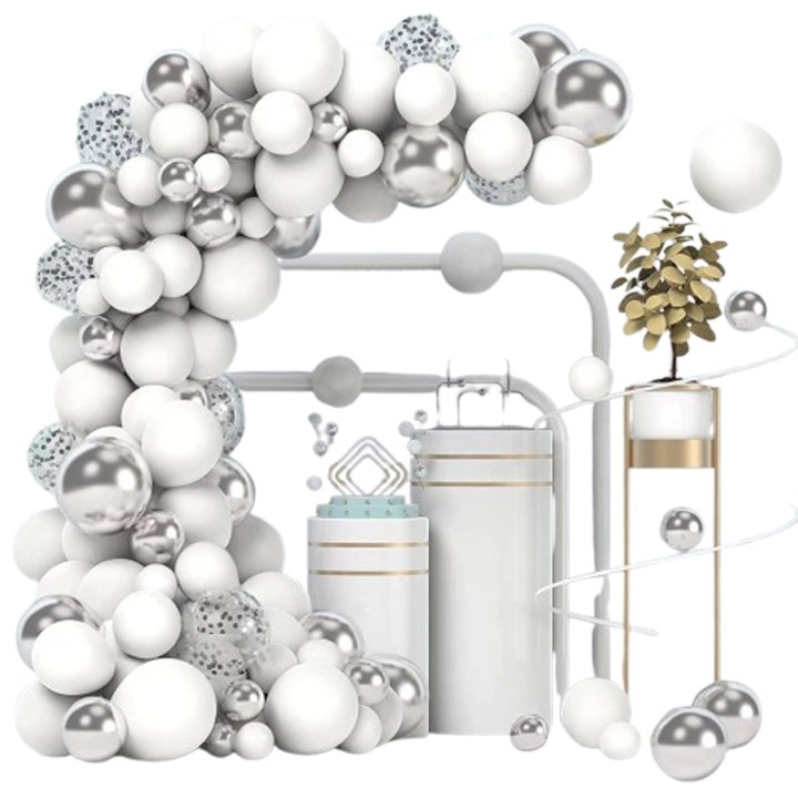 Különféle méretű, 105 db-os fehér-ezüst konfetti lufi készlet rendezvény dekorációhoz