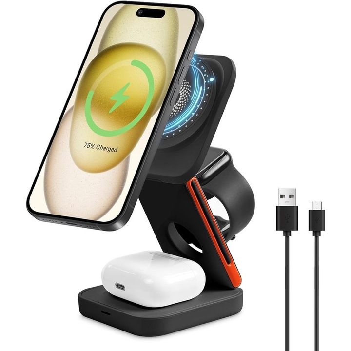 Statie de incarcare 3 in 1, incarcator wireless magnetic pliabil, compatibil cu iPhone 16/15/14/13/12, AirPods 3/2/Pro, Apple Watch Ultra/SE/9/8/7/6/5/4/3/2/1, portabil