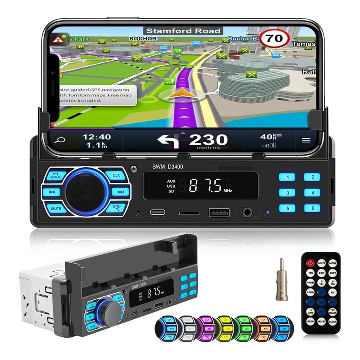 Radio mp3 Player, Casetofon auto cu suport telefon, USB/TF/MP3/AUX/Radio FM, incarcare rapida, functie de cautare a masinii, telecomanda fara fir, lumini de fundal in 7 culori, OUYLAF