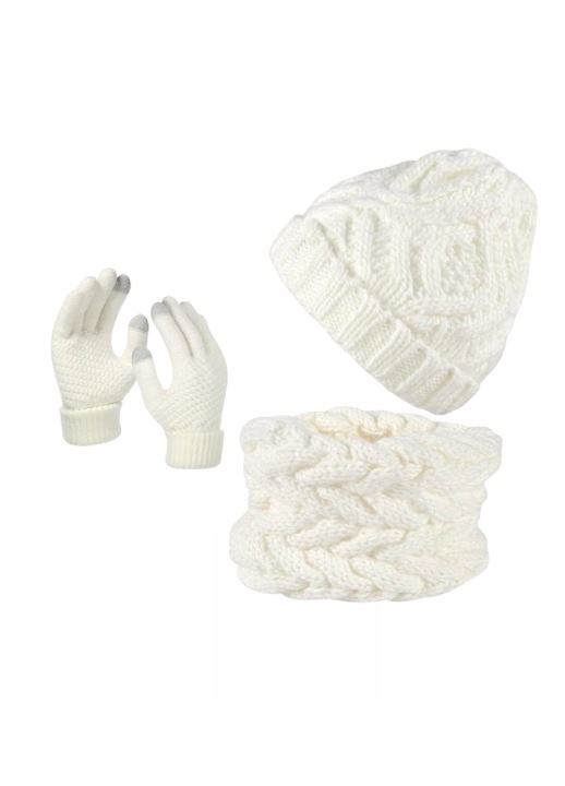 Set cu caciula pentru iarna, ZETIY, cu fular si manusi touchscreen, pentru femei, model impletit, 3 piese, Alb crem
