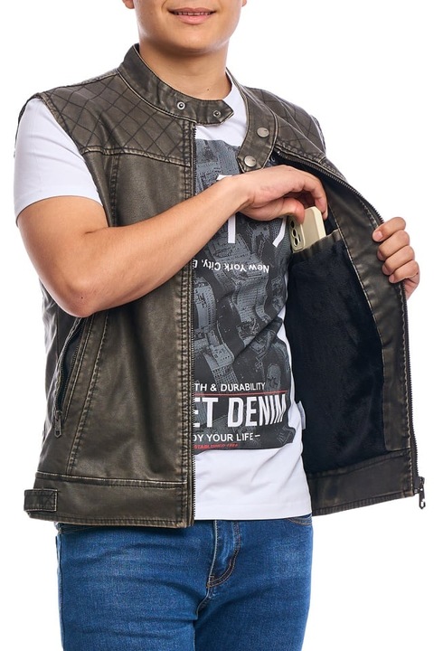 Мъжка жилетка от екокожа, сиво-кафява M