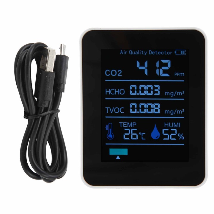 Detector de calitate a aerului ZNAZ2CO3TB Bluetooth 5 in 1 Monitor multifunctional de umiditate a temperaturii CO2 pentru birou acasa (alb)