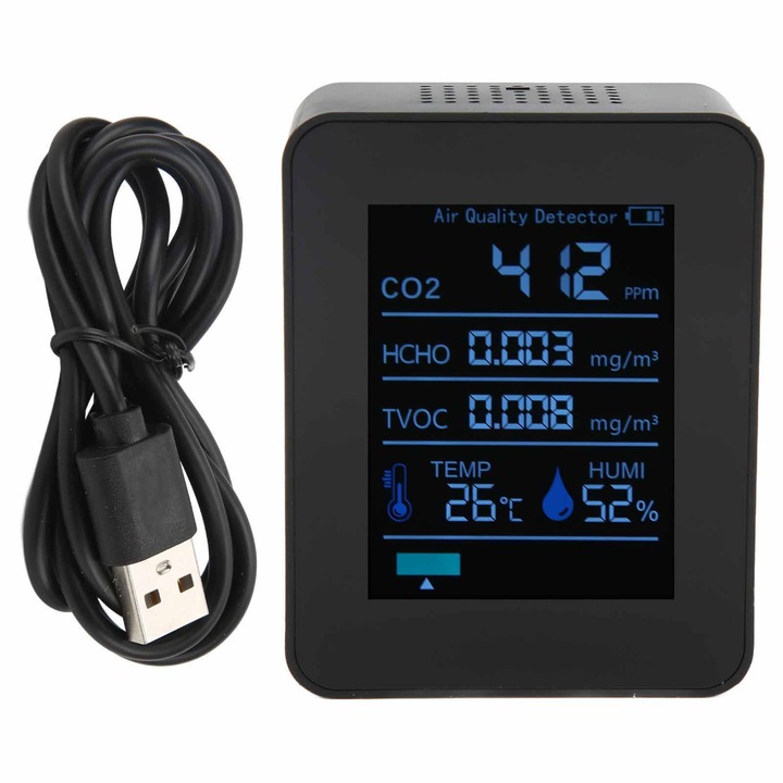 Detector de calitate a aerului ZNAZ2CO3TB Bluetooth 5 in 1 Monitor multifunctional de umiditate a temperaturii CO2 pentru birou acasa (negru)