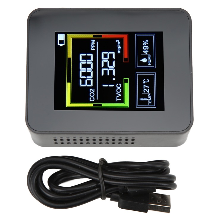 Detector de Dioxid de Carbon Enforose ZN-AZ-2CO2, Monitor de Calitate a Aerului 4 in 1, Negru, Set