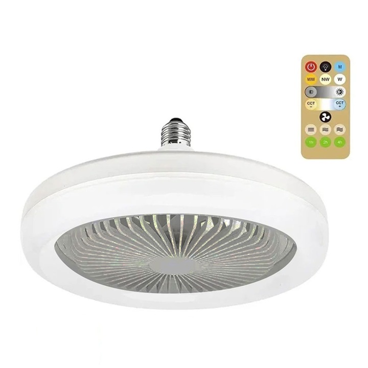 Lampa GREATON Cu Led, Ventilator Si Functie Aromaterapie, Soclu E27, Control Prin Telecomanda, Reglare Luminozitate, Temperatura Culoare, Nivel Ventilatie, Putere 30W, Montare Usoara, Alb/Gri