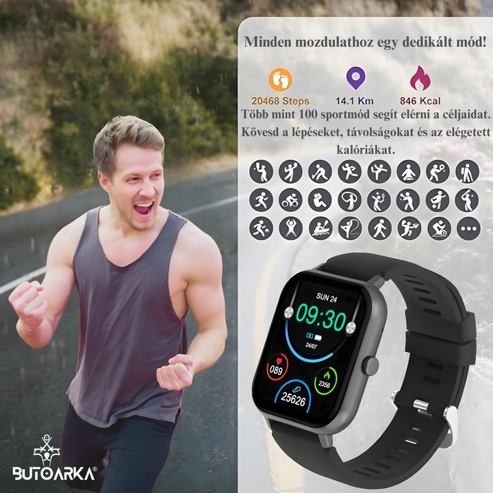 Butoarka™ Okosóra, Ultra Fit, Intelligens, 1,83" HD kijelző, IP67 Vízálló, Bluetooth hívás, Értesítések, Pulzusfigyelés, Vérnyomás, Oxigén, Alvásfigyelés, MultiSport, 5-10 nap autonómia, Fekete