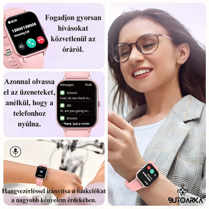 Okosóra Butoarka™, Ultra Fit, Intelligens, HD kijelző 1,83", vízálló IP67, forgatható gomb, Bluetooth hívás, értesítések, pulzusmérő, vérnyomás, oxigén, alvásfigyelés, multisport, autonómia 5-10 nap, rózsaszín