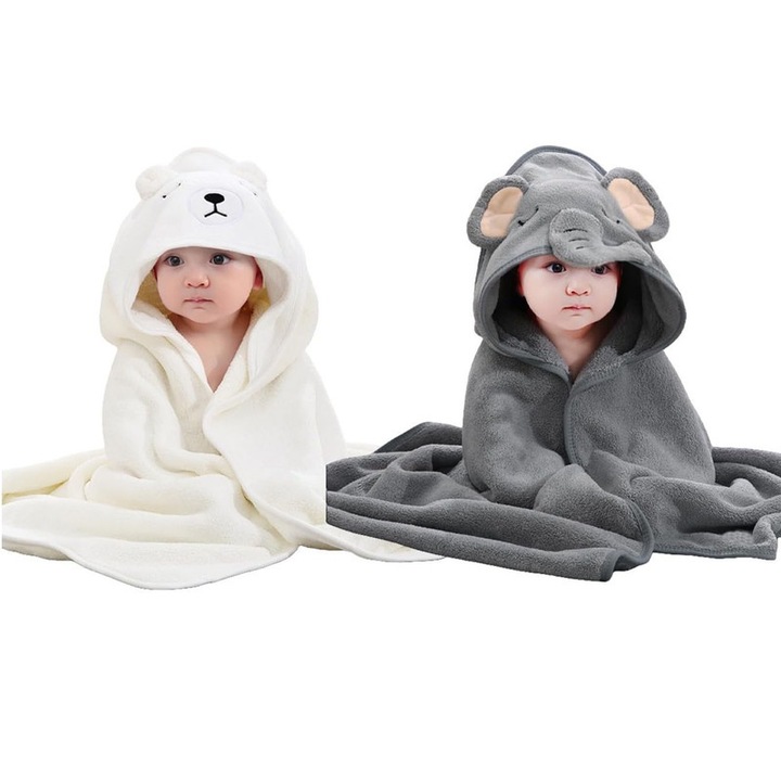 Set 2 prosoape de baie cu gluga pentru copii, design animal, coral, 31x31 inch