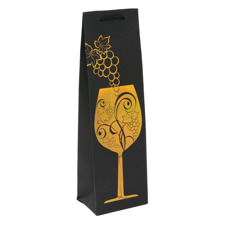 Sacosa cadou neagra cu folie aurie pentru sticle de vin 11x8.5x38.5cm