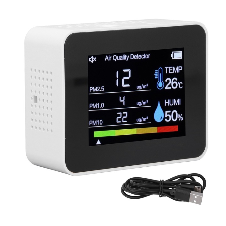 Monitor calitate aer CO2 HCHO TVOC PM2.5 PM1.0 Tester Detector de temperatura umiditate cu senzor de gravitatie