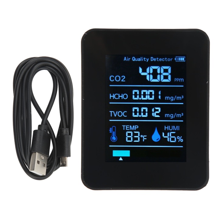 Detector de calitate a aerului Enforose 5 in 1, monitorizare CO2, TVOC, HCHO, temperatura, umiditate, portabil