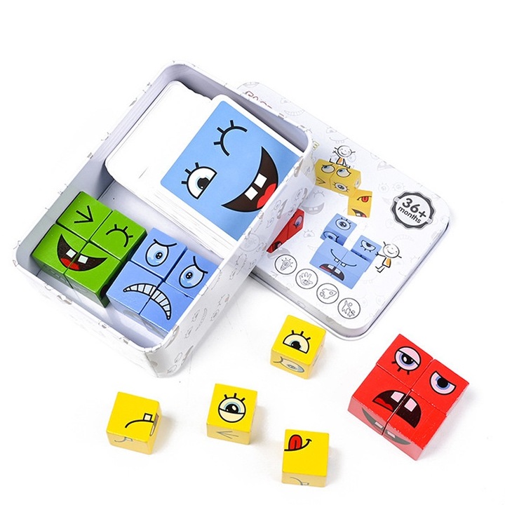 Fejlesztő jellegű fa kirakós, 16 modellel, 64 kihívás kártyával, 4 színes kockával, dobozzal, 3 év feletti gyerekeknek