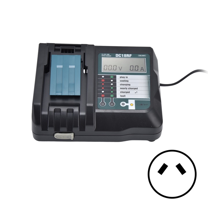 Jormftte Li-ion akkumulátortöltő, 100-240V, 14.4V-18V, 5 féle csatlakozó, ABS anyag