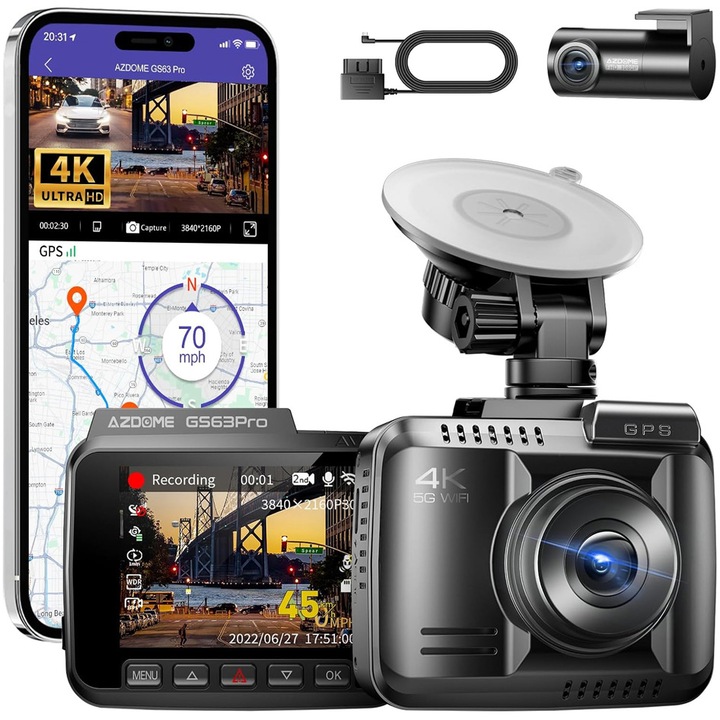 Видеорегистратор AZDOME GS63 Pro 4K + 2.5K, WiFi, Night Vision + WDR, 170°, GPS, Специално приложение, G-Sensor и мониторинг на паркиране