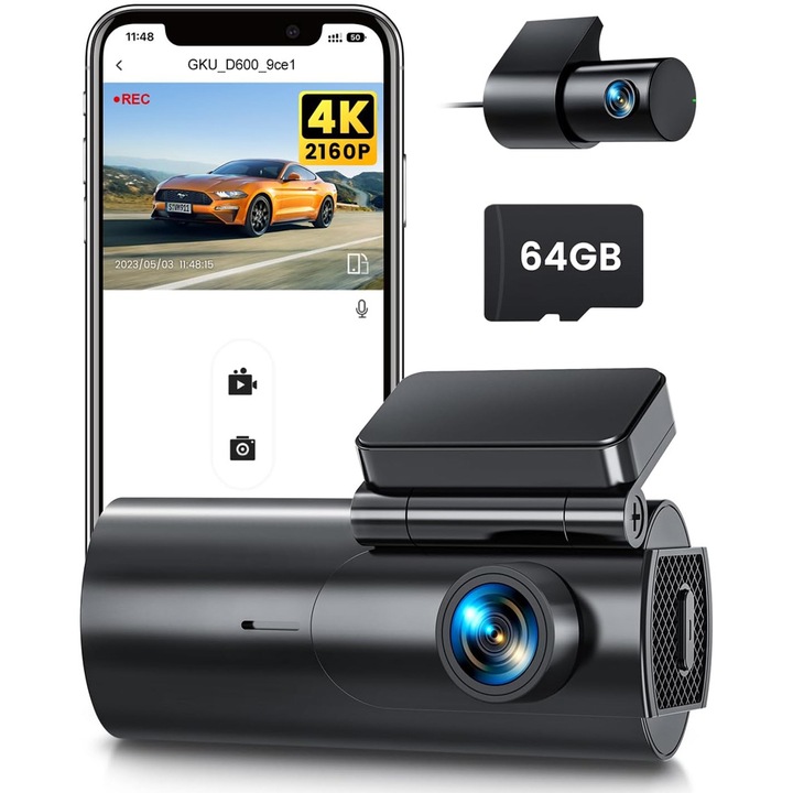 Видеорегистратор GKU D600 4K+2.5K, WiFi, Нощно виждане, 170°, Специално приложение, G-сензор и мониторинг на паркиране