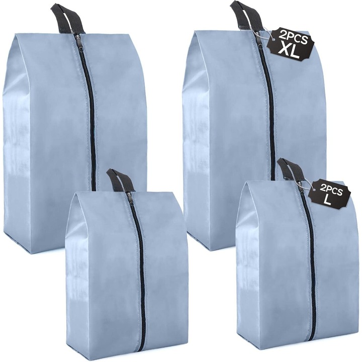 Set de 4 saci pentru incaltaminte, impermeabili, cu fermoar, dimensiuni standard si XL, gri