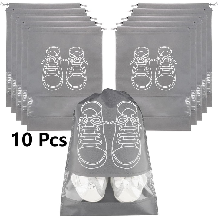 Set de 10 pungi pentru incaltaminte, organizator de calatorie, 5 XL (45x36cm) + 5 L (44x32cm), gri