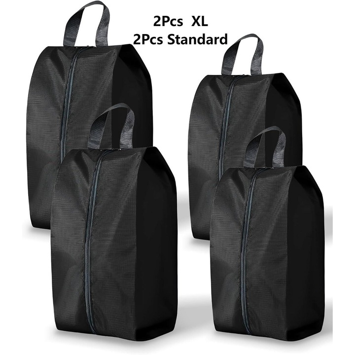 Set de 4 saci pentru incaltaminte, impermeabili, cu fermoar, dimensiuni standard si XL, negru