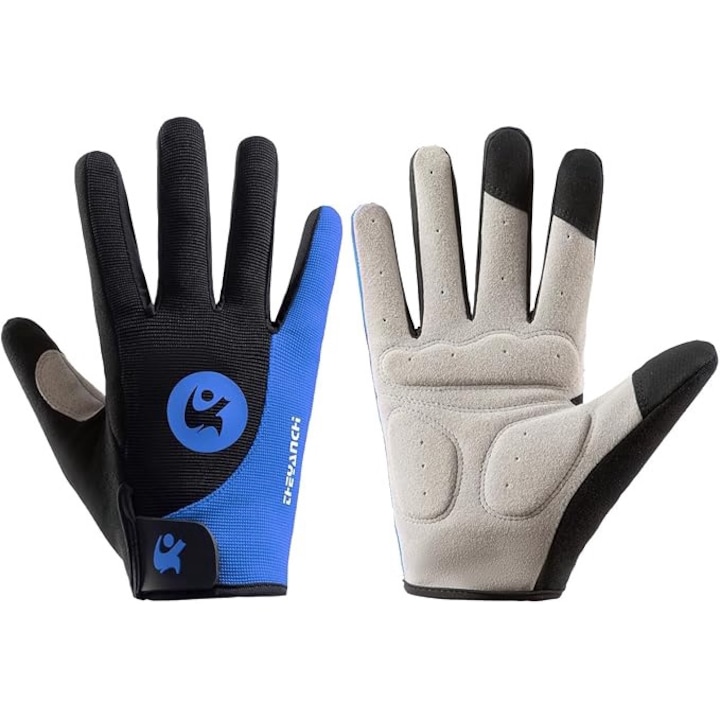 Manusi sport ciclism, model cu degete lungi, negru/albastru, set 1 pereche, pentru barbati si femei, XL