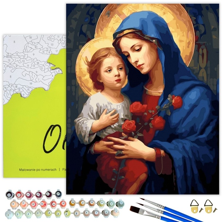 Картина по номера 40х50см - Пълен комплект с номерирано платно със златна бляскава боя, Картина с рамка "Богородица", Направи си сам за възрастни и деца - Oh Art!®