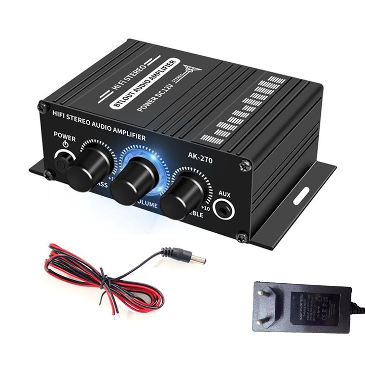 Аудио усилвател със захранващ адаптер, 20W x 2, с 12V 3A захранване, Plug and Play, 2 канала, корпус от алуминиева сплав, лесен за използване, OUYLAF, черен