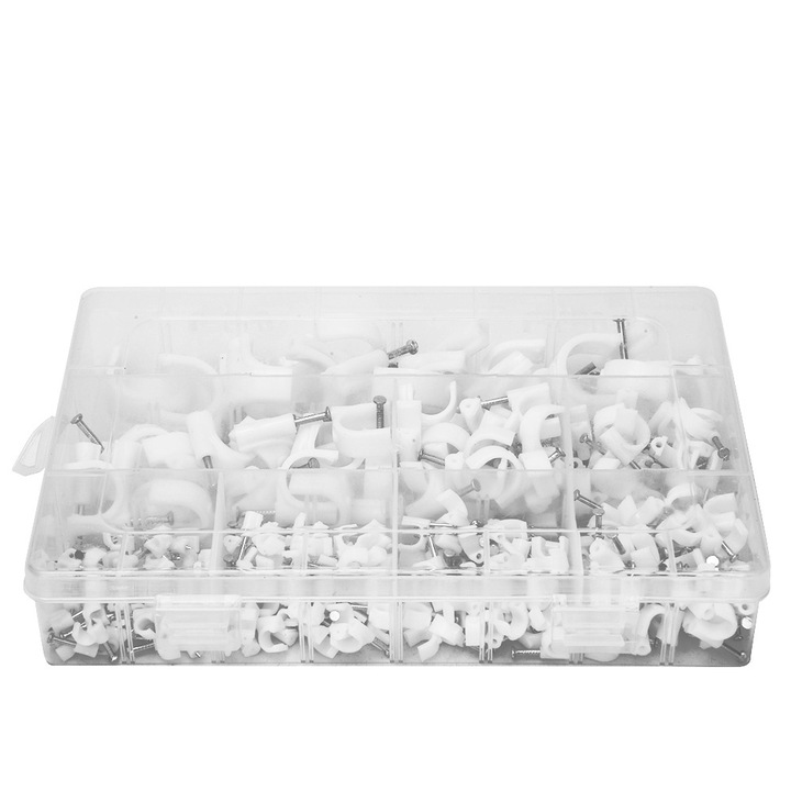 Set 310 Cleme pentru cabluri de inalta calitate, rotunde, albe, suport de perete, Enforose