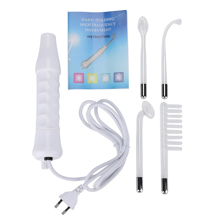 Aparat de ingrijire faciala Rqiurpn, set portabil cu 5 capete, alb, Tratament cu Frecventa Inalta pentru Acnee, Riduri, Anti-imbatranire, Par, Lifting, Stimulator scalp, utilizare acasa