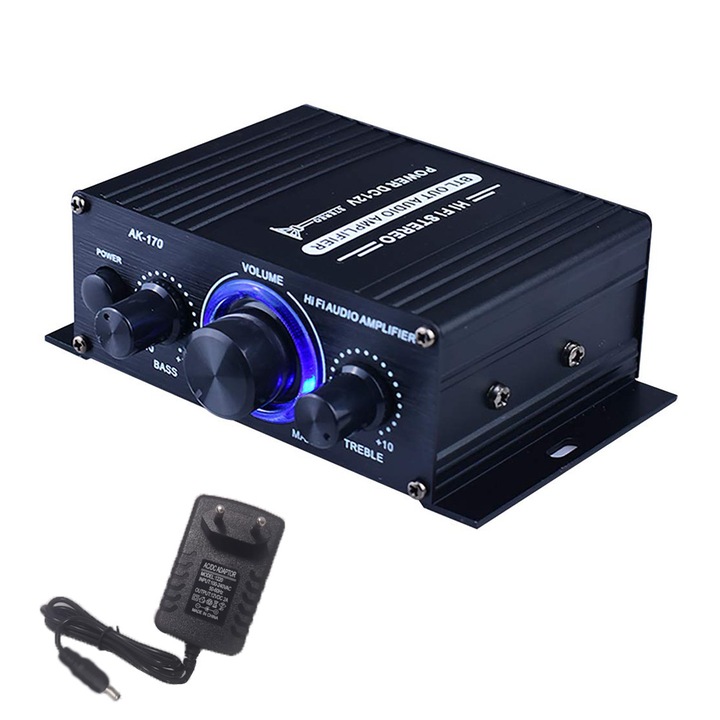 Мини аудио усилвател със захранващ адаптер 2 канала 20 W x 2 Преносим Plug and Play за превозно средство Мотоциклет Лодка OUYLAF, Черен