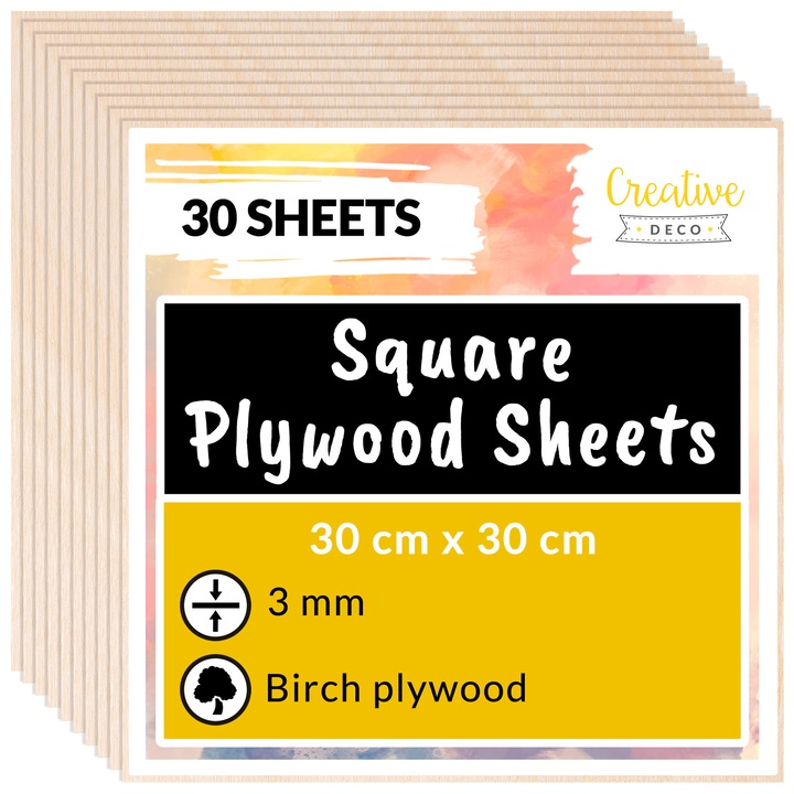 Placaj 30x Panouri din lemn de mesteacan 30 x 30 cm, Creative Deco, 300x300x3mm, Foi pentru decorare, modelare, taiate cu laser, pirografie