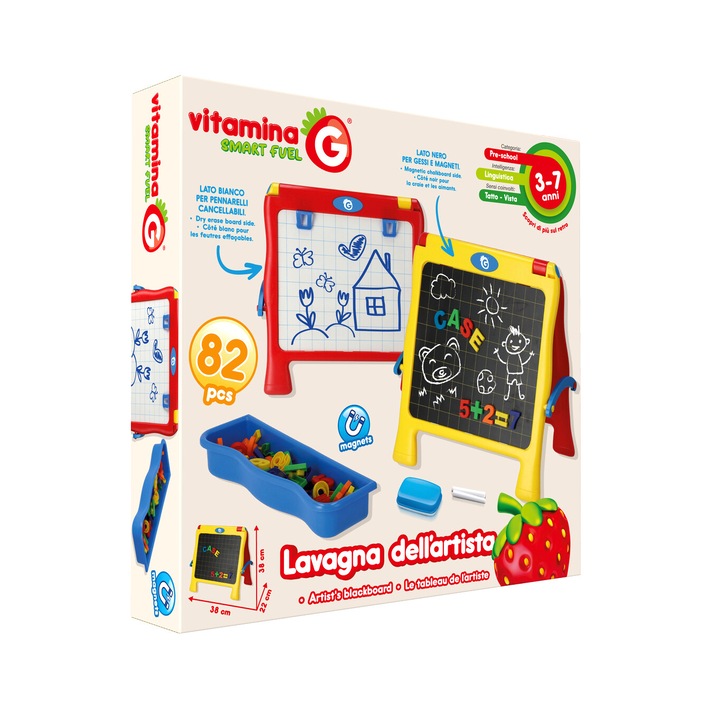 Multifunkcionális tablet, 2 oldallal, Globo, fehér mágneses résszel íráshoz jelölővel és fekete résszel krétához, 82 tartozék a csomagban, tálca betűk és számok tárolására, kréta és szivacs mellékelve, 38cm