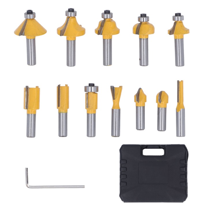 Set de 12 freze pentru lemn, Enforose, 8mm, otel carbon, cutite din carbura, cutie de depozitare