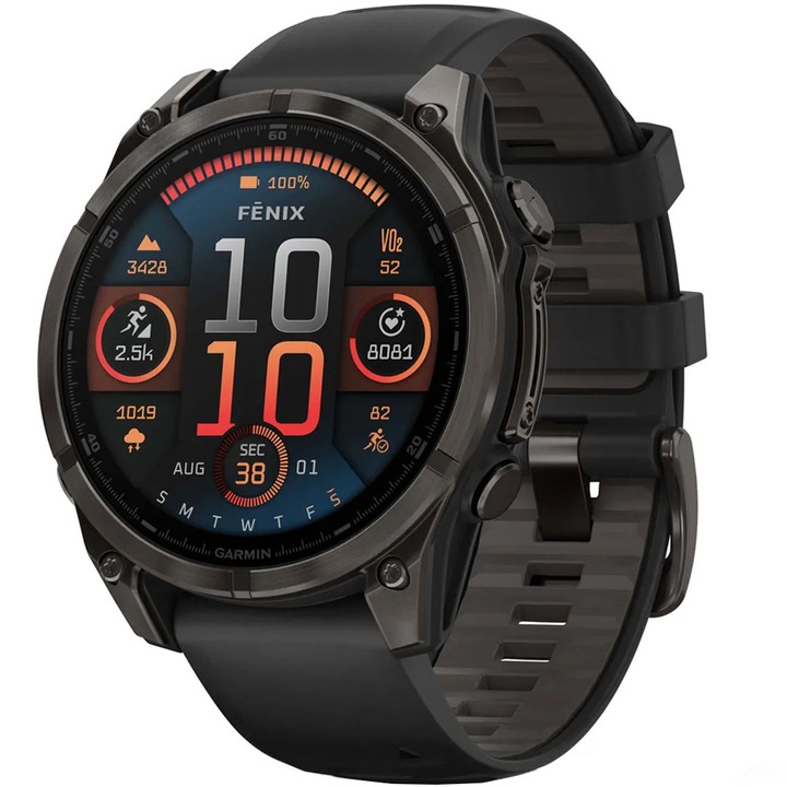 Смарт часовник Garmin Fenix 8 Amoled Sapphire, 47 мм, GPS, карбоново сиво, черна силиконова каишка