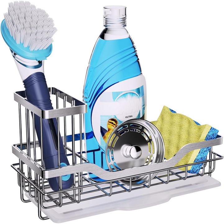 Organizator pentru bureti si perii, inox rezistent la rugina, 21x9.2x12cm, set cu suport pentru perie, Argintiu