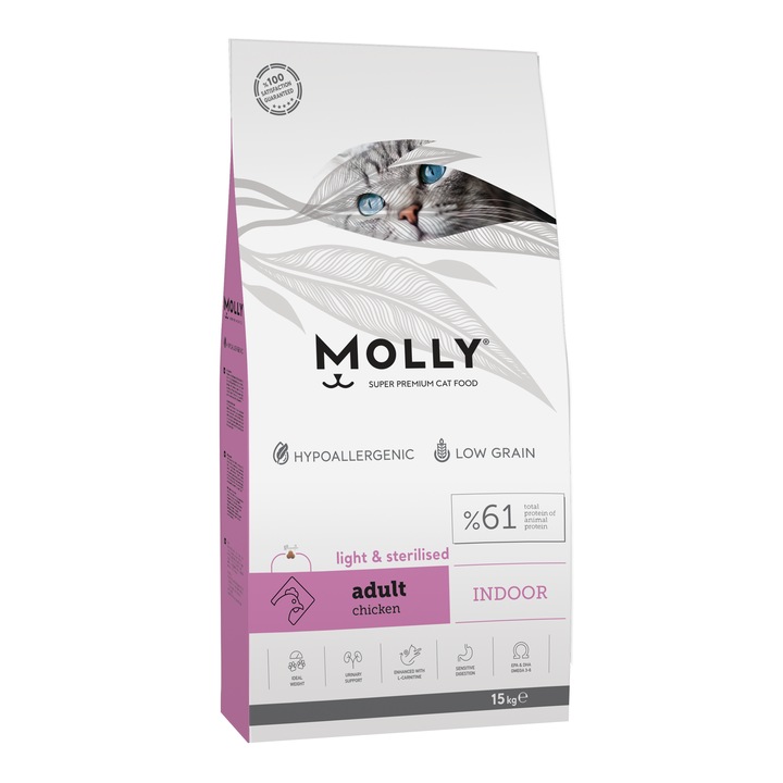 Суха храна за котки Мolly Adult, Домашни котки, Кастрирани и/или с наднормено тегло, Пилешко, 15 кг