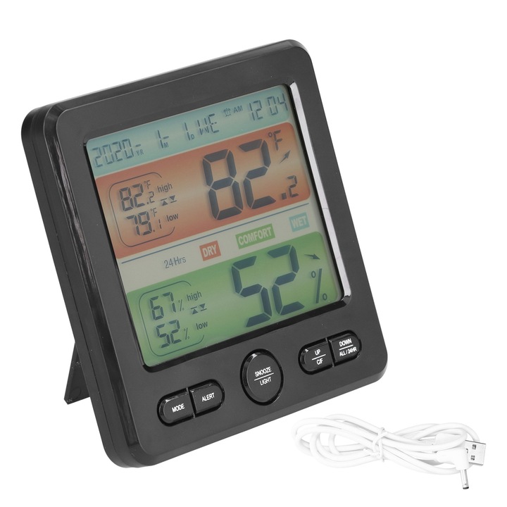 Jormftte TS-6211 digitális hőmérő és páratartalom mérő, nagy képernyős, hőmérséklet és páratartalom figyelő, fekete, 125x125x25mm