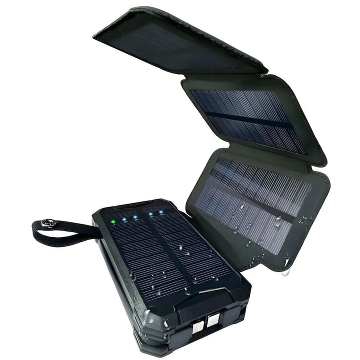 Baterie Externa Solara Linomag®, Power Bank 8000 mAh, 4 Panouri, 1x cablu Lightning & 1x cablu USB Type-C incluse, Waterproof, Negru mat, 11.4 x 6.8cm