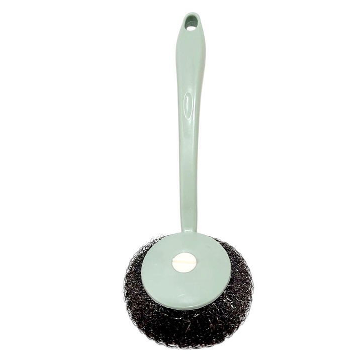 Perie plastic, nedeformabila, pentru curatare vase, lungime 27, 5 cm, cu burete metalic, inlocuibil, diametru 9 cm, vernil