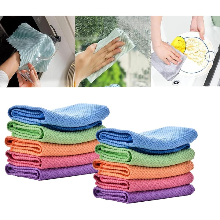 Set 10 lavete din microfibra reutilizabile, multicolor, 30x30cm
