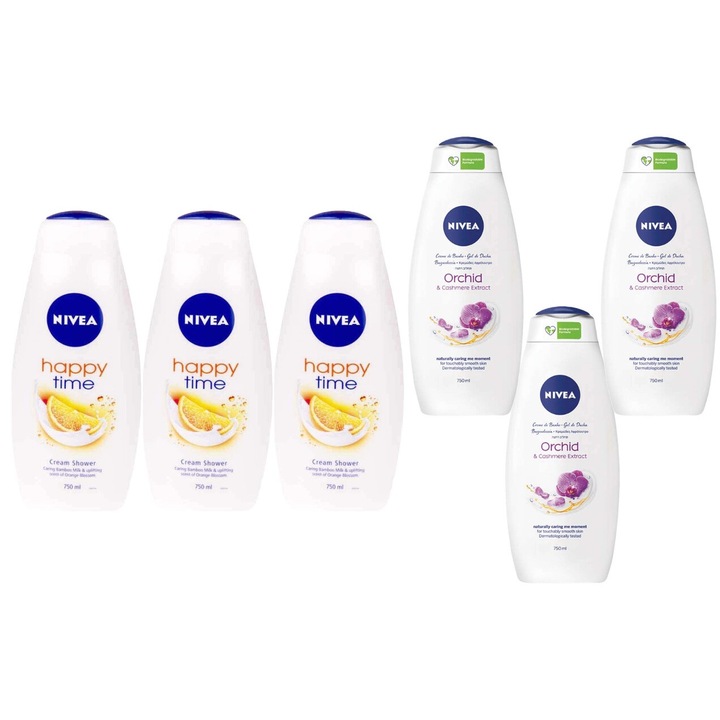 Nivea változatos csomag, 6 x komponens, 3 x habzó/tusfürdő 750 ml happy time narancs, 3 x habzó/tusfürdő 750 ml ápoló kasmír, hatékony tisztítás, intenzív hidratálás, könnyű felvitel, megelőzi az irritációt, hosszan tartó frissesség