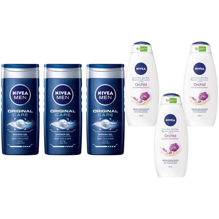 Nivea Variety Set 6 x komponens, 3 x tusfürdő 500 ml férfi eredeti ápoló, 3 x habzó/tusfürdő 750 ml ápoló kasmír, hatékony tisztítás, intenzív hidratálás, könnyű felvitel, megelőzi az irritációt, hosszan tartó frissesség, bőrgyógyászatilag tesztelt