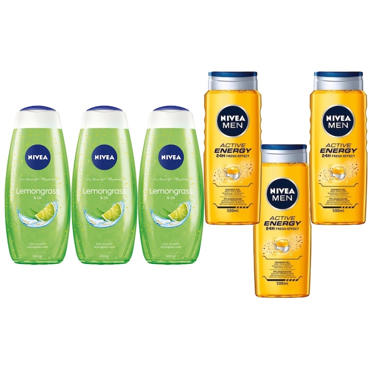Nivea Variety Set 6 x komponens, 3 x tusfürdő 500 ml citromfű és olaj, 3 x tusfürdő 500 ml férfi aktív energia, hatékony tisztítás, intenzív hidratálás, könnyű felvitel, megelőzi az irritációt, hosszan tartó frissesség, bőrgyógyászatilag tesztelt