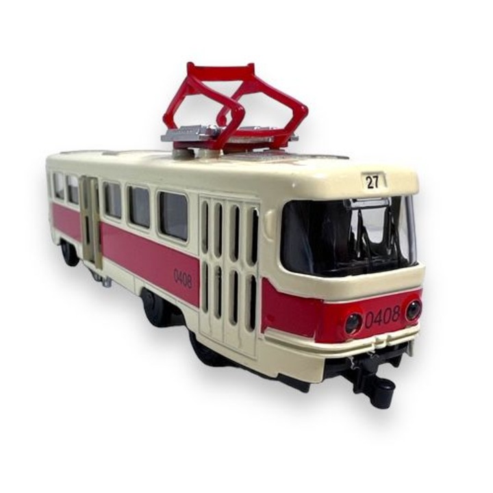 Macheta Tramvai cu Sunete, Metal, Lumini, Functie Pull-Back, 16.5 cm - Rosu